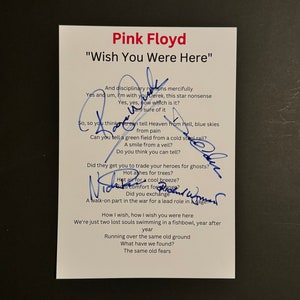 Hoja de letra autografiada tamaño A4 de Wish You Were Here de Pink Floyd