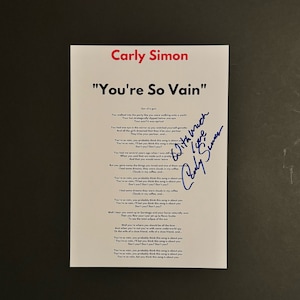 Carly Simon Your So Vein A4 Autographed Lyric Sheet