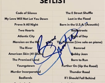 Lista de músicas do show de Bruce Springsteen (A4) autografada com certificado de autenticidade.