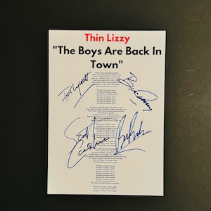 Thin Lizzy The Boys Are Back In Town A4 Autographed Lyric Sheet