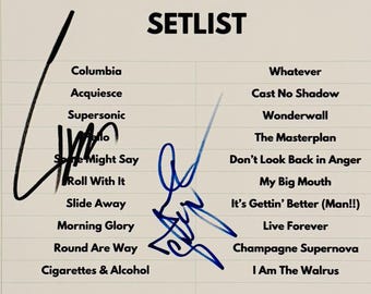 Noel & Liam Gallagher A4 Concert Setlist Autographed Inc COA