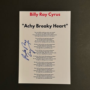 Billy Ray Cyrus Achy Breaky Heart A4 Autographed Lyric Sheet