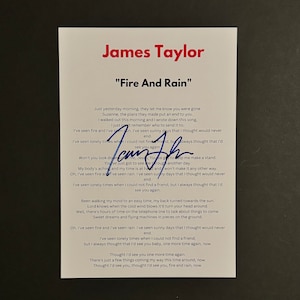 James Taylor Fire And Rain A4 Autographed Lyric Sheet
