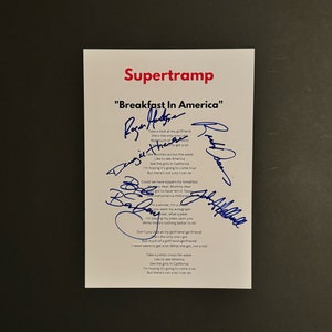 Supertramp Breakfast In America A4 Autographed Lyric Sheet