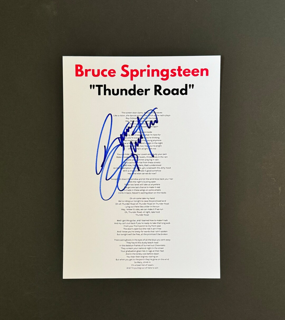 Bruce Springsteen Thunder Road A4 Autographed Lyric Sheet