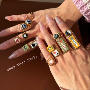 Anillo de cerámica hecho a mano, chapado en oro con acero inoxidable, anillo llamativo ajustable.