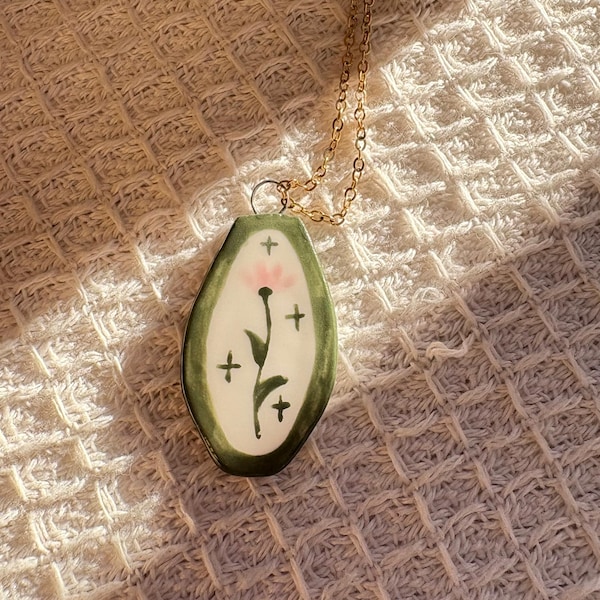 Hand-Painted Ceramic Flower Pendant Necklace – Handmade Floral Jewelry