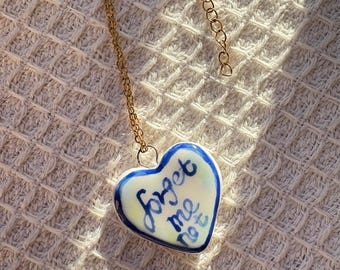 Forget Me Not Heart Necklace | Hand-Painted Ceramic Pendant of Love & Remembrance