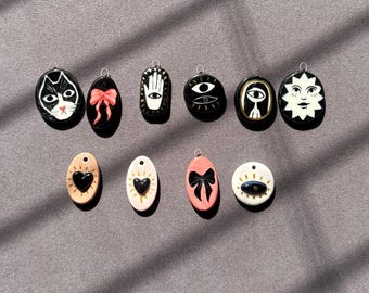 Hand Painted Ceramic Pendants, Cat Eye Heart Bow Charm, Mix & Match Necklace Accessory