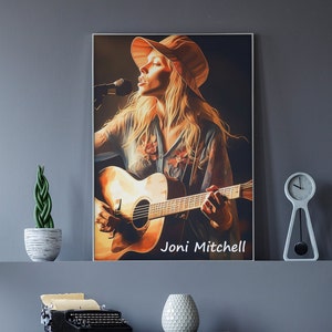May include: A painting of Joni Mitchell playing a guitar and singing into a microphone. She is wearing a hat and a floral shirt. The text "Joni Mitchell" is below the image.