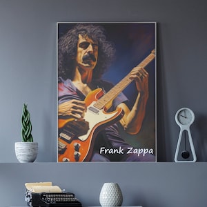 Puede incluir: Un póster enmarcado con una pintura de Frank Zappa tocando la guitarra. La pintura es de estilo realista y muestra a Zappa en una pose dinámica. El póster está enmarcado en un marco plateado simple.