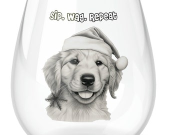 Christmas Golden Retriever Stemless Wine Glass, Dog Wine Glass, Funny Dog Saying: Sip, Wag Repeat. 11.75oz. Free Shipping!