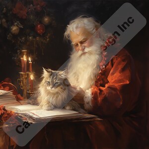 Cartão de Natal festivo com o Papai Noel em formato de gato Maine Coon - Design digital para impressão para uso em presentes, canecas, arte de parede e travesseiros.