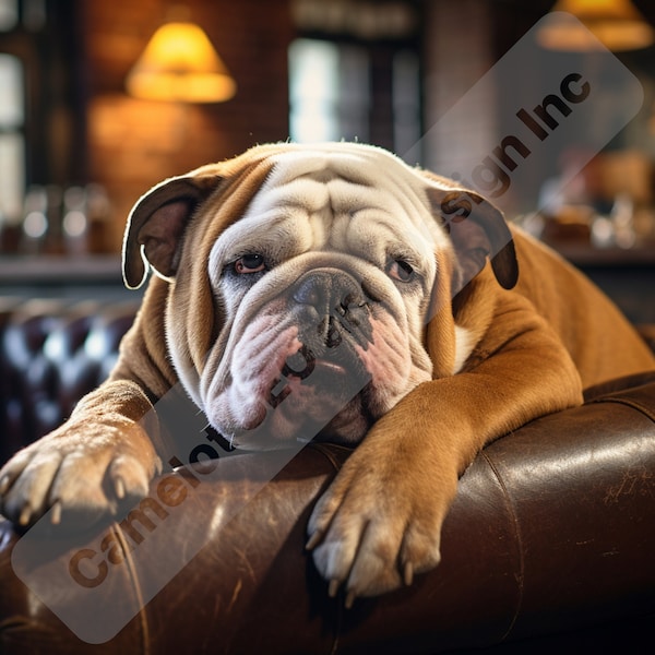 English Bulldog in English Pub. Comical Picture of Bulldog. Dog in a bar. English Bulldog drinking in a pub. Bulldog tired in a bar.