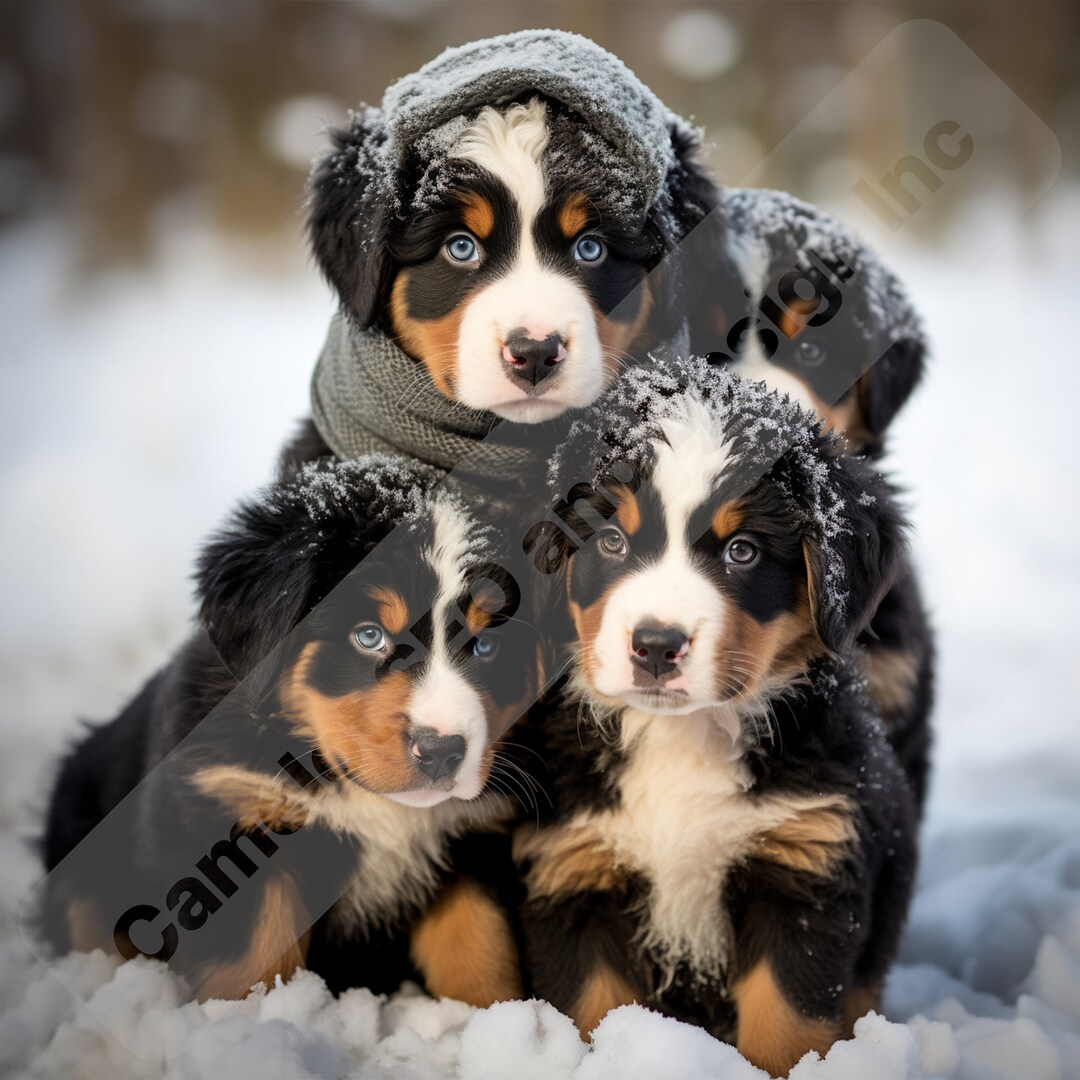 Bernese Mountain Puppies Christmas Card Digital Download. Bernese