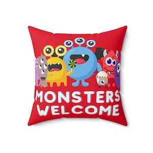 Monster Friends Faux Suede Square Pillow - Colorful Friendly Monster Design - Kid's Room Decor - Playful and Fun Themed Room Accents