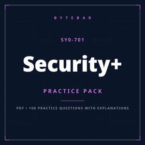 Op de afbeelding: Een donkerblauwe digitale studiegids-omslag getiteld Bytebar SY0-701 Security+ Practice Pack. De tekst wordt weergegeven in wit en lichtroze, wat aangeeft dat het 100 oefenvragen met uitleg in PDF-formaat bevat voor examenvoorbereiding.