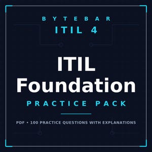 Peut inclure: Une couverture de document numérique bleu foncé intitulée BYTEBAR ITIL 4 ITIL Foundation Practice Pack. Le texte inclut PDF 100 practice questions with explanations. Le design présente une grille blanche et bleu clair avec des coins.