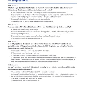 以下が含まれることがあります： Domain 5: Application Observability and Maintenanceというタイトルの黒いテキストが記載された白いページ。Kubernetesプローブに関するQ86からQ89までの4つの選択問題が含まれており、フッターにはByteBar CKAD Practice Packと記載されています。