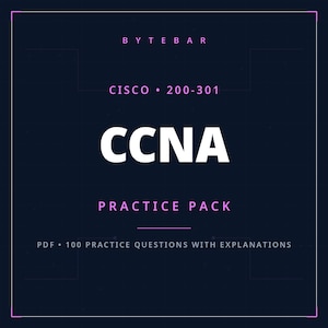 Op de afbeelding: Een donkerblauwe digitale documentomslag met de titel BYTEBAR CISCO 200-301 CCNA PRACTICE PACK. De tekst is weergegeven in wit en lichtpaars, wat aangeeft dat de inhoud 100 oefenvragen met uitleg in PDF-formaat bevat.
