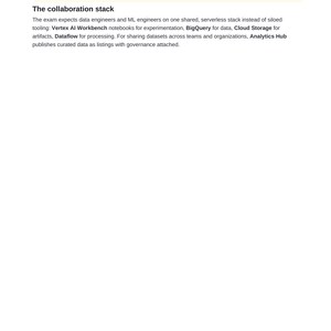 Peut inclure: Une page de document intitul&eacute;e The collaboration stack, pr&eacute;sentant une astuce d'examen sur les scores de mod&egrave;le et le biais d'entra&icirc;nement. Elle d&eacute;taille une pile serverless partag&eacute;e incluant Vertex AI Workbench, BigQuery, Cloud Storage, Dataflow et Analytics Hub.