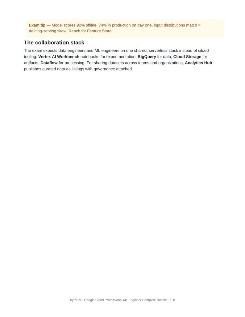 Peut inclure: Une page de document intitul&eacute;e The collaboration stack, pr&eacute;sentant une astuce d'examen sur les scores de mod&egrave;le et le biais d'entra&icirc;nement. Elle d&eacute;taille une pile serverless partag&eacute;e incluant Vertex AI Workbench, BigQuery, Cloud Storage, Dataflow et Analytics Hub.