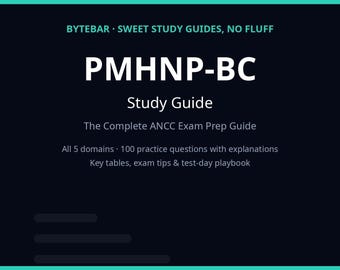 Peut inclure: Une couverture de guide d'étude numérique bleu foncé intitulée PMHNP-BC Study Guide, The Complete ANCC Exam Prep Guide. Le texte indique Bytebar, Sweet Study Guides, No Fluff, 5 domaines, 100 questions d'entraînement, tableaux et PDF 61 pages.