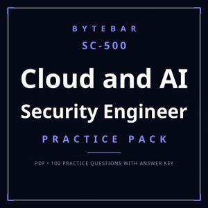 Puede incluir: Una portada de documento digital azul oscuro titulada BYTEBAR SC-500 Cloud and AI Security Engineer PRACTICE PACK. El texto incluye PDF 100 PRACTICE QUESTIONS WITH ANSWER KEY, presentado en un diseño limpio con texto en blanco y azul claro.