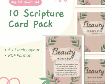 Tarjetas con versículos bíblicos para imprimir – Juego de versículos bíblicos de aliento, 10 láminas de fe de 5x7 pulgadas a doble cara, descarga instantánea.