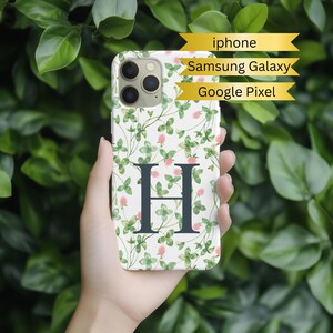 Phone Case with Pink and Green Flowers and Monogram Initial, Tough Phone Case for iPhone, Samsung Galaxy, and Google Pixel, Personalized