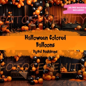 12 Halloween Colored Balloons, Digital Backdrop, Photoshop, Back and Orange Background