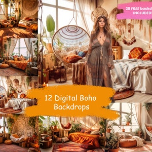 12 Cenários Boho Digitais Cenários Boho Quentes Photoshop fundos digitais cenários de maternidade
