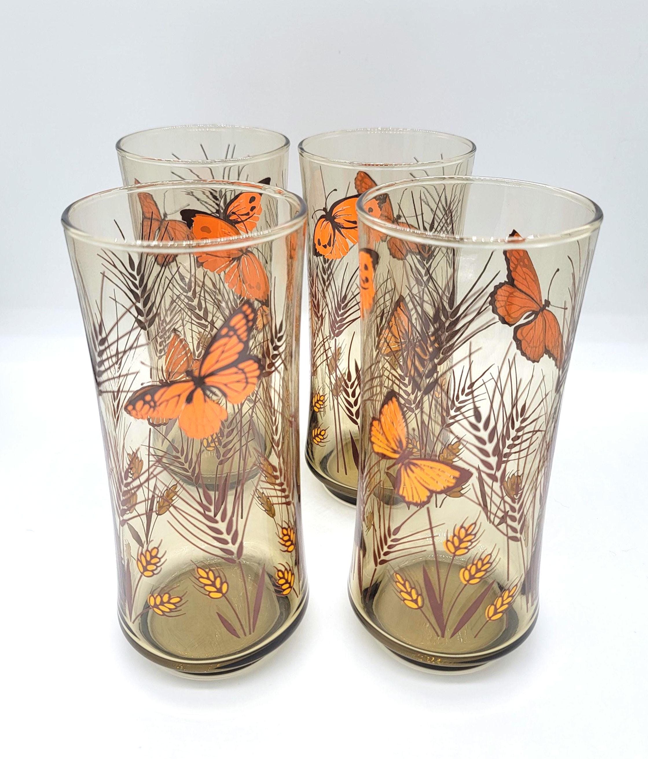 Libbey Butterfly Glasses, Set of 4, Vintage, Amber Smoked