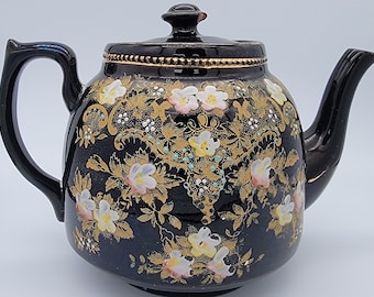 Delicate Floral Black & Gold Red Clay Teapot, by S.J.B of England, 1887-1930