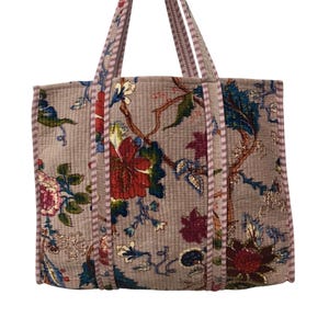 Cotton Quilted Bag, Block Print Tote Bag for Women, Boho Travel Bag, Handmade Large Floral Weekender Shopping bag, Market Bags, Bridesmaid