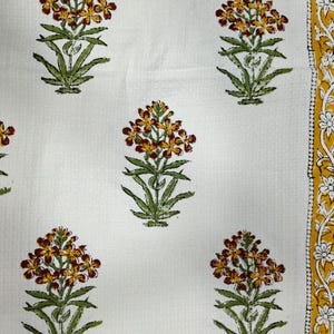 Floral Block Print Waffle Fabric Soft Textured Fabric by the Yard Rani Pink & Green Motif on Off White DIY Robes Towels Sewing Material