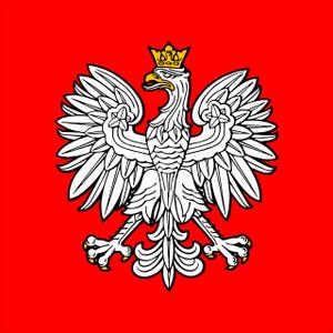May include: A white eagle with a golden crown on a red background. The eagle is the national symbol of Poland.