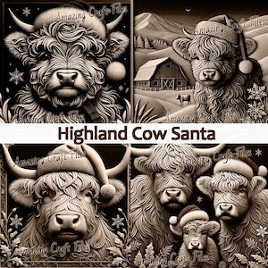 Highland Cow Santa 3D Illusion, Pacchetto file laser 3D Illusion di Natale, Incisione 3D Illusion, Set di file in scala di grigi, File digitale PNG laser