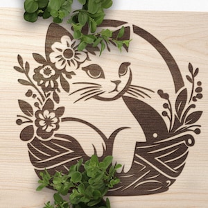 Katze in einem Korb SVG, Kätzchen SVG, Kitty Vektordesign für Schneidemaschinen, Katze PDF, Katzendatei, Katze Lasergravur Schnittdateien, Glowforge