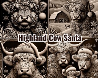 Ilusión 3D de vaca de las Tierras Altas de Papá Noel: Set de archivos de grabado láser navideño (archivo digital)