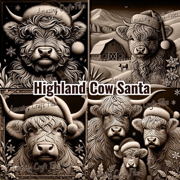 Highland Cow Santa 3D Illusion: Christmas Laser Engraving File Set (Digital File)