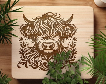 Highland Cow SVG, Floral Highland Cow Vector Design for Cutting Machines, Highland Cow PDF, Cute Cow Laser Engraving Cut Files, Glowforge