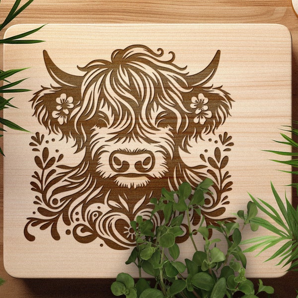 Highland Cow SVG, Diseño floral de vectores de vaca Highland para máquinas de corte, Highland Cow PDF, Lindos archivos de corte de grabado láser de vaca, Glowforge