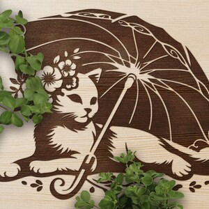 Kat onder paraplu SVG, kat vector ontwerp voor snijmachines, kitten PDF, kat bestand, kat lasergravure gesneden bestanden, Glowforge