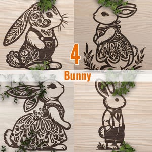 May include: Four digital cut files of bunnies with intricate floral designs. The bunnies are in various poses, including standing, sitting, and hopping. The designs are perfect for creating personalised crafts, home decor, and more.