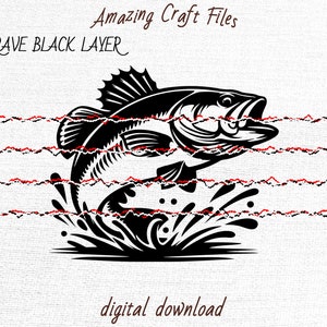 May include: Black and white silhouette of a bass fish jumping out of the water, with a splash of water behind it. The image is labeled "ENGRAVE BLACK LAYER" and "Amazing Craft Files".