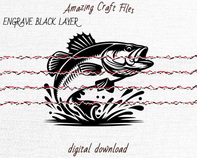 May include: Black and white silhouette of a bass fish jumping out of the water, with a splash of water behind it. The image is labeled "ENGRAVE BLACK LAYER" and "Amazing Craft Files".