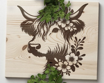Highland Cow SVG, Floral Highland Cow Vector Design for Cutting Machines, Highland Cow PDF, Cute Cow Laser Engraving Cut Files, Glowforge