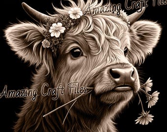 Highland Cow 3D Illusion,  Highland Cattle Laser Burn PNG Digital File, Calf 3D Illusion Laser File, 3D Illusion Laser Engraving, Grayscale