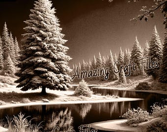 Könnte beinhalten: Ein Schwarzweißbild einer verschneiten Winterlandschaft mit einem Fluss, der sich durch einen Kiefernwald schlängelt. Der Text "Amazing Craft Files" ist über das Bild gelegt.